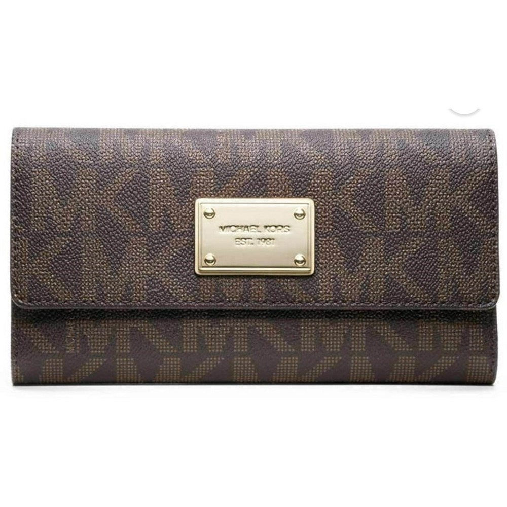 Michael Kors MK Signature Brown Coated Twill Flap Continental Wallet‎